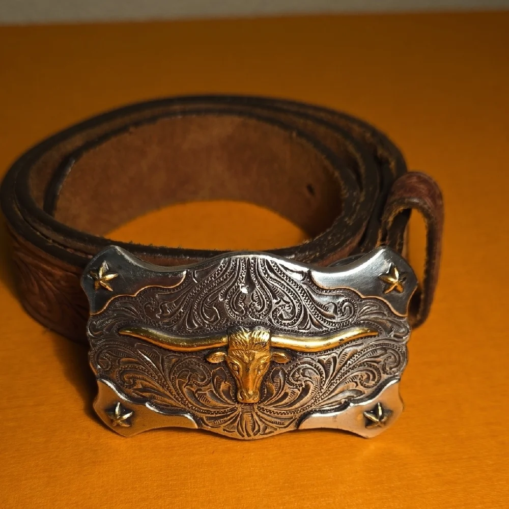 Tony Lama Kid's Leather Floral and Long Horn Belt